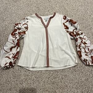 Calypso St Barth Embroidered Floral Peasant Blouse Sz M Cotton Flax Boho Beach